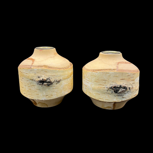 Set of Two Birch  Wood Taper Candle Holders With Metal Lining