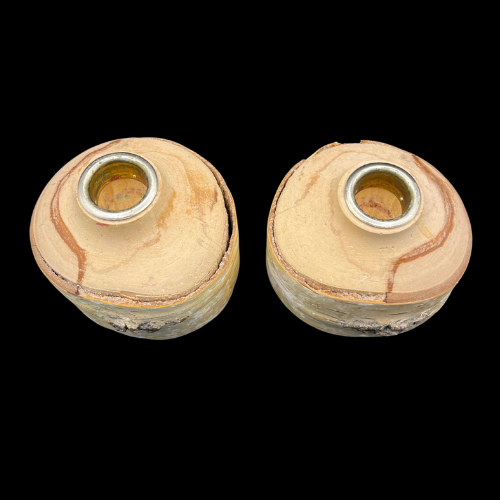 Set of Two Birch  Wood Taper Candle Holders With Metal Lining