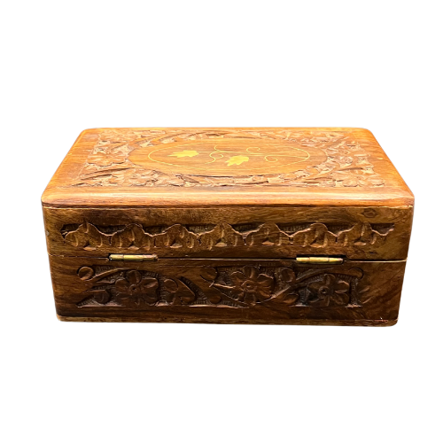 1970s Handmade Hand Carved  Wood Jewelry Ornate Inlay made in India