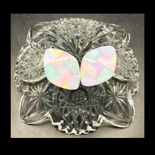 * Vintage Mother of Pearl Mosaic Diamond Point Multicolor Earrings