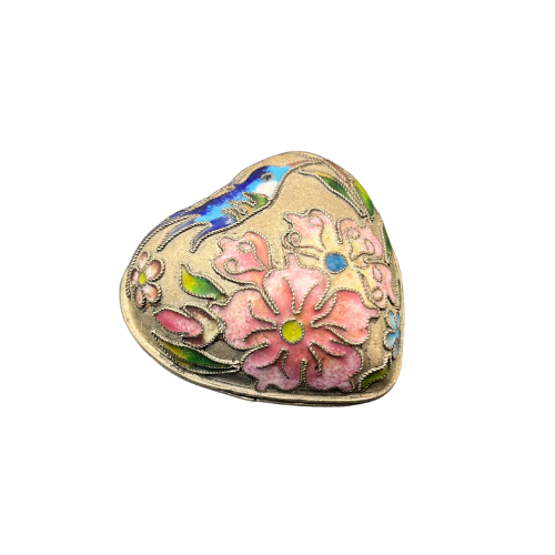 Vintage Cloisonne Puffy Heart Trinket Box Keep Sake with Hummingbird Antique Style Finish