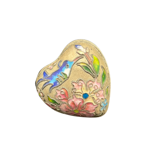 Vintage Cloisonne Puffy Heart Trinket Box Keep Sake with Hummingbird Antique Style Finish