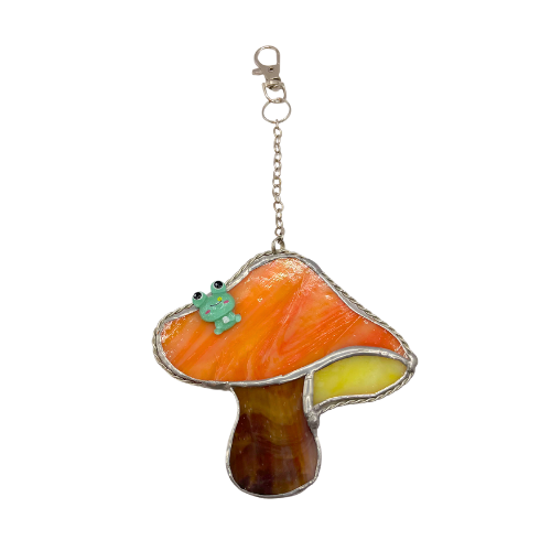 Stained Glass Mushroom Suncatcher with Applied Frog on Lobster Hook and Chain