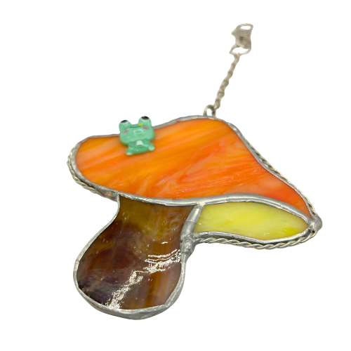 Stained Glass Mushroom Suncatcher with Applied Frog on Lobster Hook and Chain