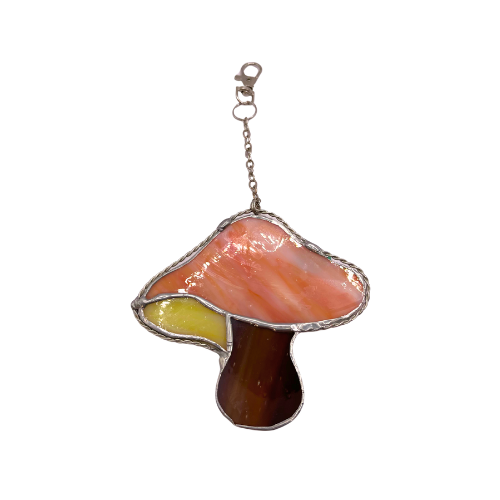 Stained Glass Mushroom Suncatcher with Applied Frog on Lobster Hook and Chain