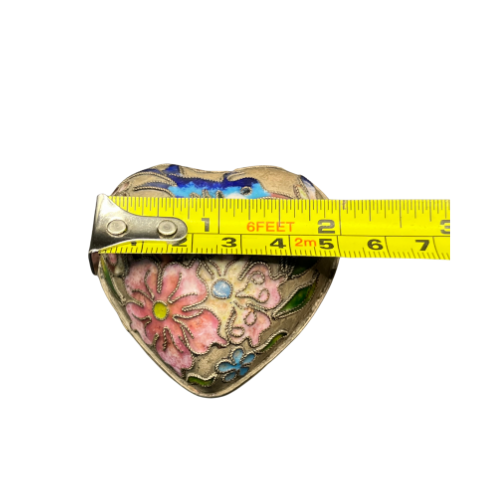 Vintage Cloisonne Puffy Heart Trinket Box Keep Sake with Hummingbird Antique Style Finish