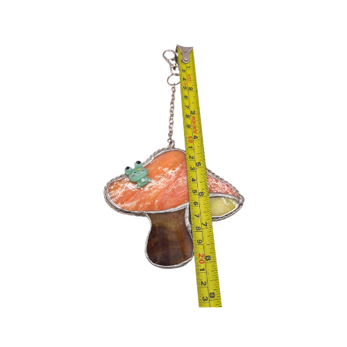 Stained Glass Mushroom Suncatcher with Applied Frog on Lobster Hook and Chain