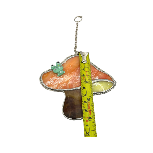 Stained Glass Mushroom Suncatcher with Applied Frog on Lobster Hook and Chain