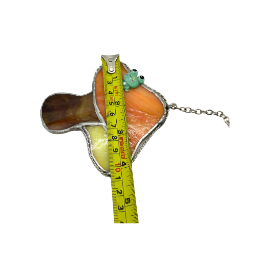 Stained Glass Mushroom Suncatcher with Applied Frog on Lobster Hook and Chain