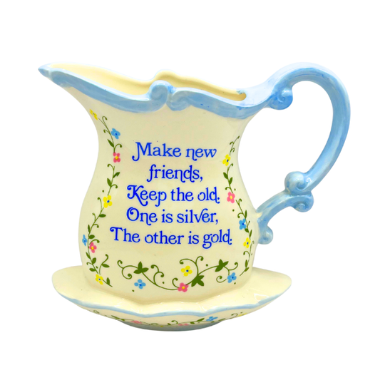 Vintage Pottery China Lorrie Design Wall Pocket Floral Pitcher Basin with Blue Trimming