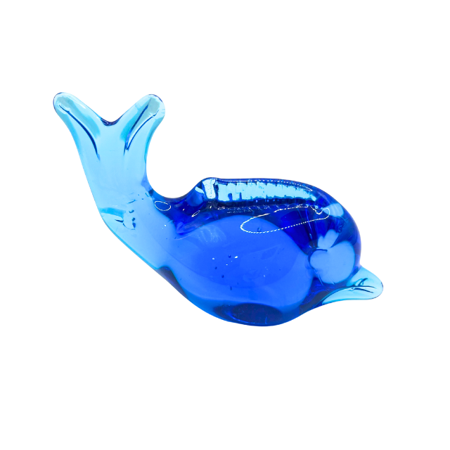 Hand Blown Blue Glass Dolphin Paperweight UV Glow Glass Coastal Beach Decor Art Figurine
