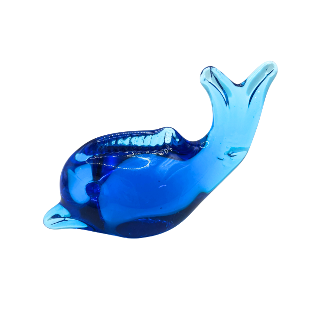 Hand Blown Blue Glass Dolphin Paperweight UV Glow Glass Coastal Beach Decor Art Figurine