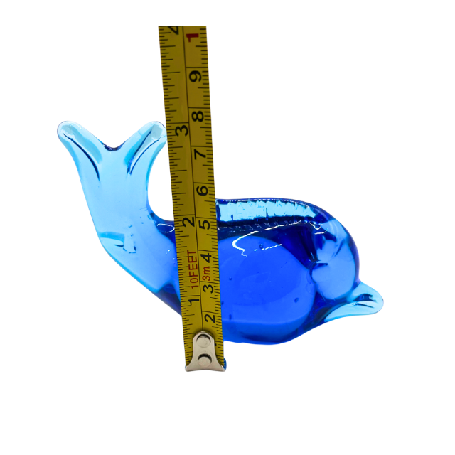 Hand Blown Blue Glass Dolphin Paperweight UV Glow Glass Coastal Beach Decor Art Figurine