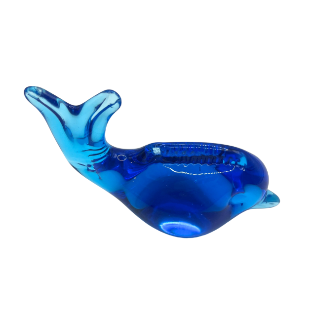 Hand Blown Blue Glass Dolphin Paperweight UV Glow Glass Coastal Beach Decor Art Figurine