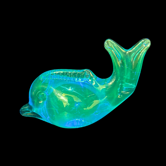 Hand Blown Blue Glass Dolphin Paperweight UV Glow Glass Coastal Beach Decor Art Figurine