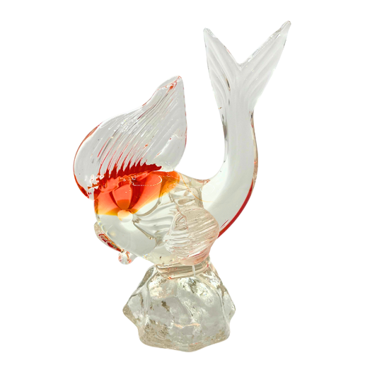 Vintage Murano Style Hand Blown Art Glass Goldfish Orange & Clear Sculpture 6.25" Tall