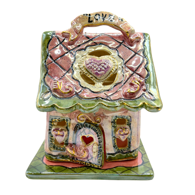Blue Sky Clayworks Love Shack Cottage Pink Heather Goldminc Candle Holder Retired
