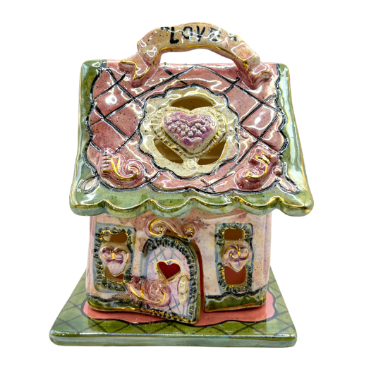 Blue Sky Clayworks Love Shack Cottage Pink Heather Goldminc Candle Holder Retired