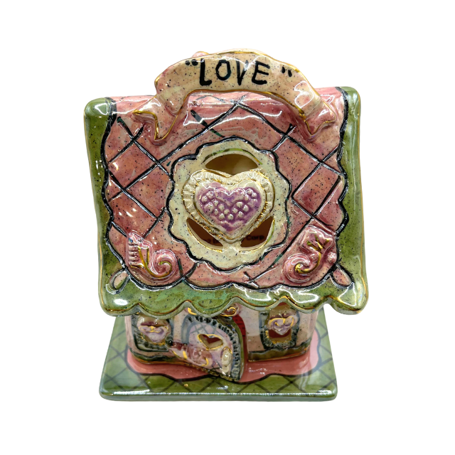 Blue Sky Clayworks Love Shack Cottage Pink Heather Goldminc Candle Holder Retired
