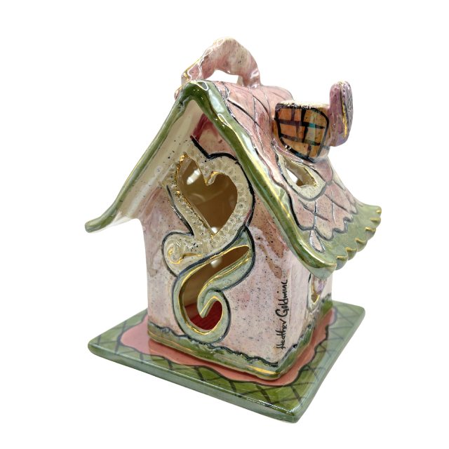 Blue Sky Clayworks Love Shack Cottage Pink Heather Goldminc Candle Holder Retired