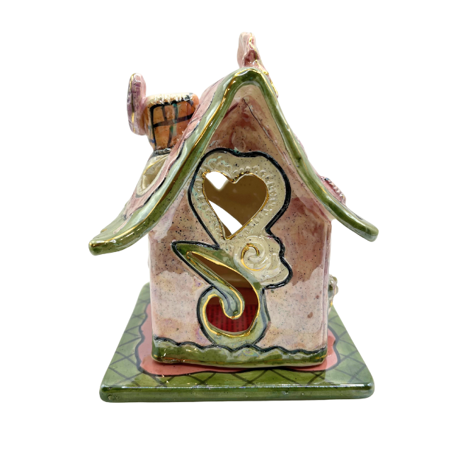 Blue Sky Clayworks Love Shack Cottage Pink Heather Goldminc Candle Holder Retired