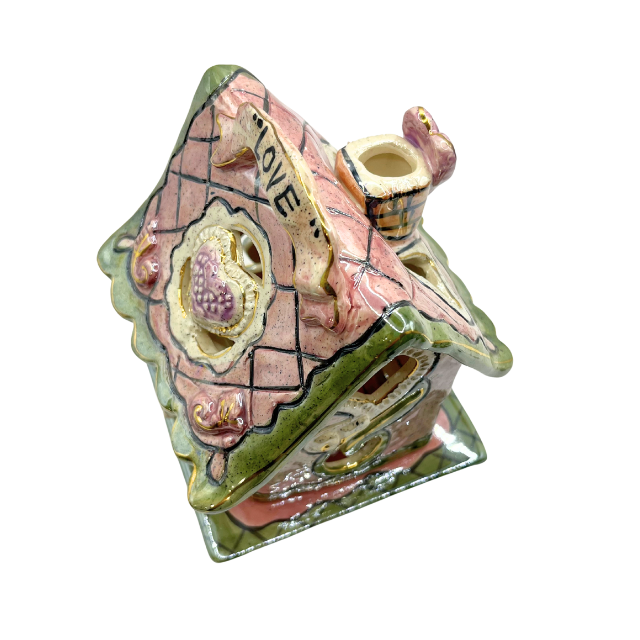 Blue Sky Clayworks Love Shack Cottage Pink Heather Goldminc Candle Holder Retired