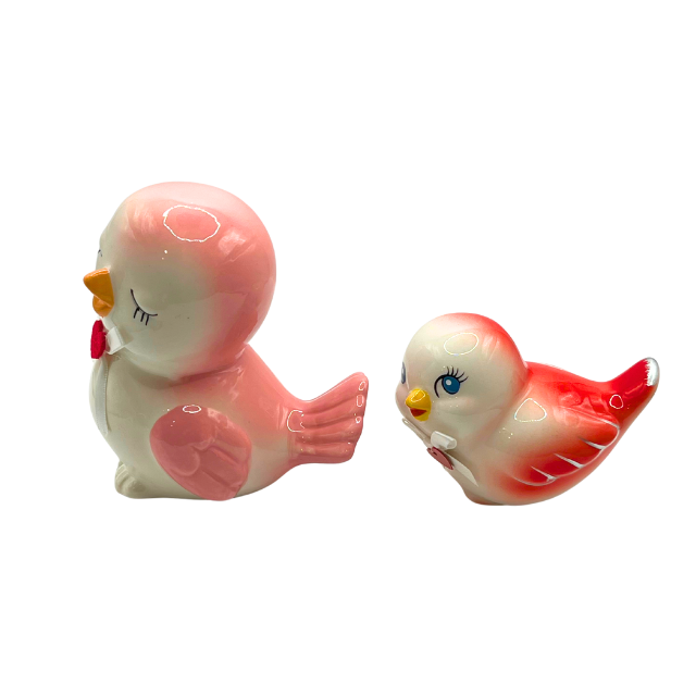 Vintage Inspired Ceramic Bird Figurines White Pink with Heart Bow Accents * as is
