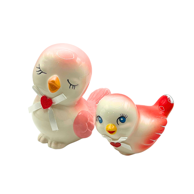 Vintage Inspired Ceramic Bird Figurines White Pink with Heart Bow Accents * as is