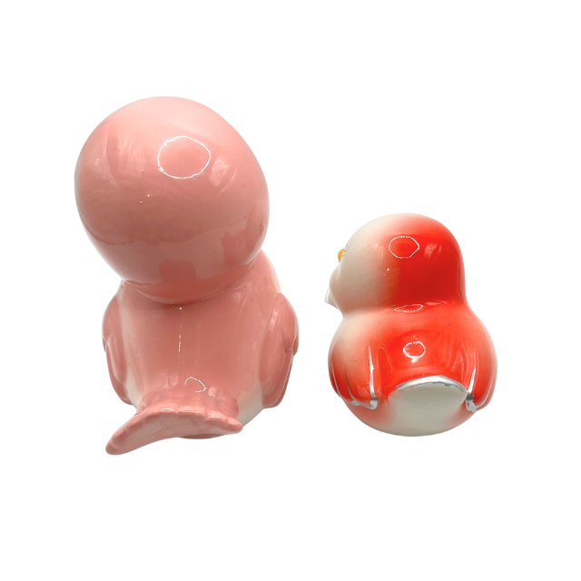 Vintage Inspired Ceramic Bird Figurines White Pink with Heart Bow Accents * as is