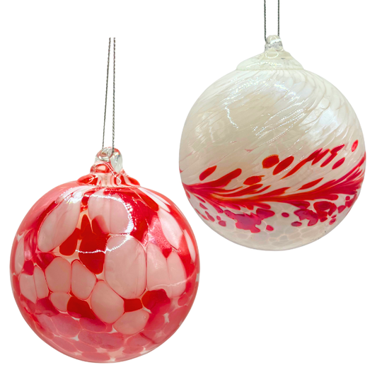 Vintage Style Glass Ball Ornaments Hand-Blown Red and White Swirl - Set of 2