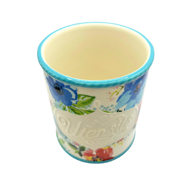Pioneer Woman “Melody” Utensil Ceramic Holder 5.5"  Teal Floral Design Kitchen Organizer