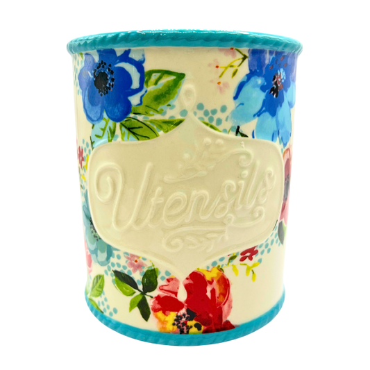 Pioneer Woman “Melody” Utensil Ceramic Holder 5.5"  Teal Floral Design Kitchen Organizer
