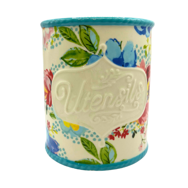 Pioneer Woman “Melody” Utensil Ceramic Holder 5.5"  Teal Floral Design Kitchen Organizer