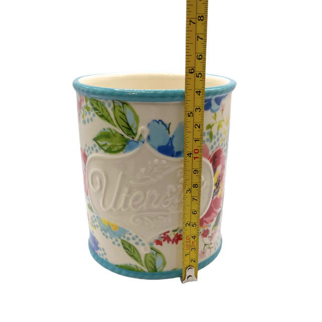 Pioneer Woman “Melody” Utensil Ceramic Holder 5.5"  Teal Floral Design Kitchen Organizer