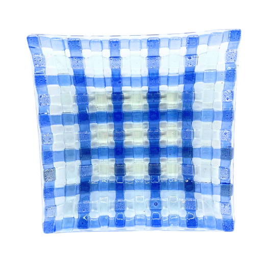 Fused Art Glass Blue Basket Weave Square Home Décor Tray 6.5" by 6.5"