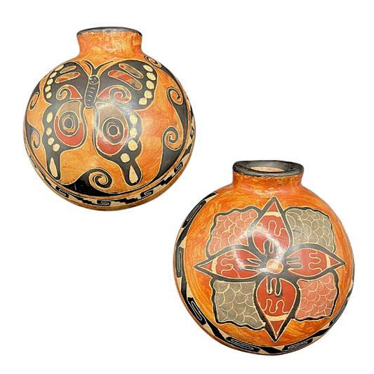 Vintage Hand-Painted Costa Rica Pottery Wall Pockets / Wall Vases - Set of 2 - Signed Folk Art