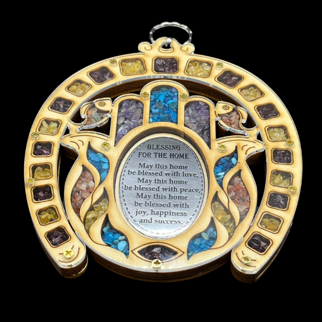Hamsa Hand & Horseshoe Wood Wall Plaque - Home Blessing with Semi-Precious Stones