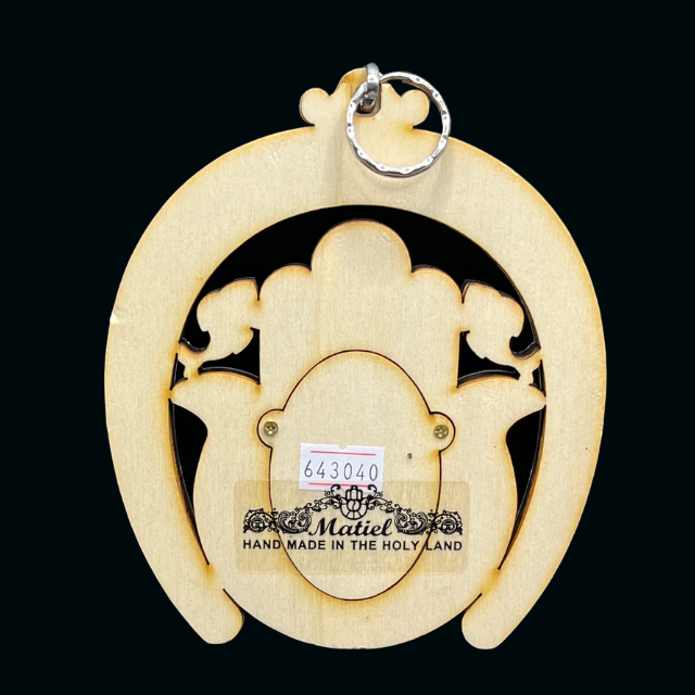 Hamsa Hand & Horseshoe Wood Wall Plaque - Home Blessing with Semi-Precious Stones
