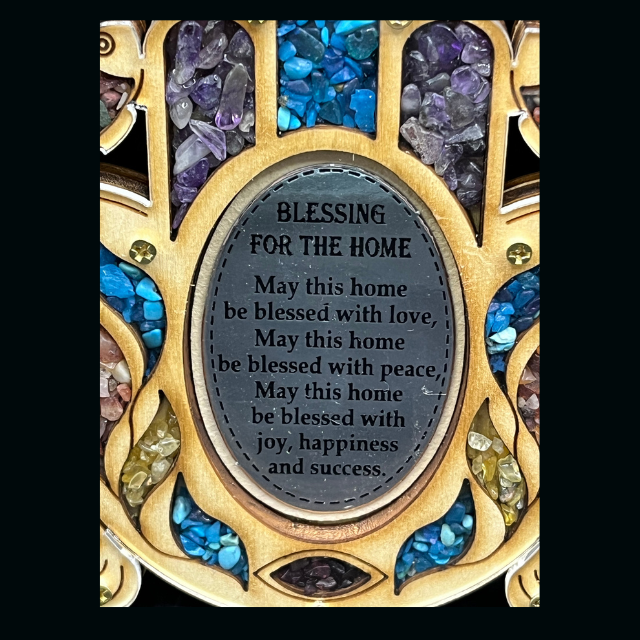 Hamsa Hand & Horseshoe Wood Wall Plaque - Home Blessing with Semi-Precious Stones