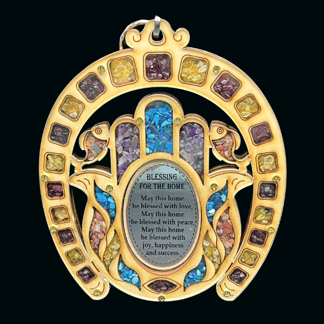 Hamsa Hand & Horseshoe Wood Wall Plaque - Home Blessing with Semi-Precious Stones