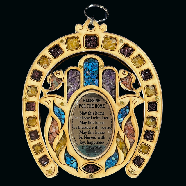 Hamsa Hand & Horseshoe Wood Wall Plaque - Home Blessing with Semi-Precious Stones