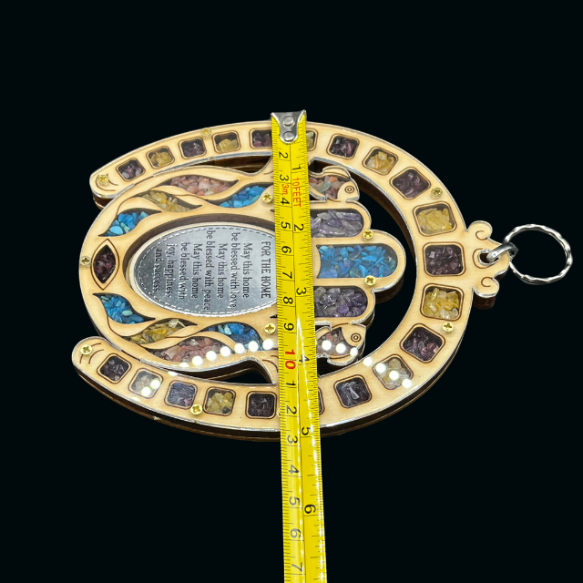 Hamsa Hand & Horseshoe Wood Wall Plaque - Home Blessing with Semi-Precious Stones