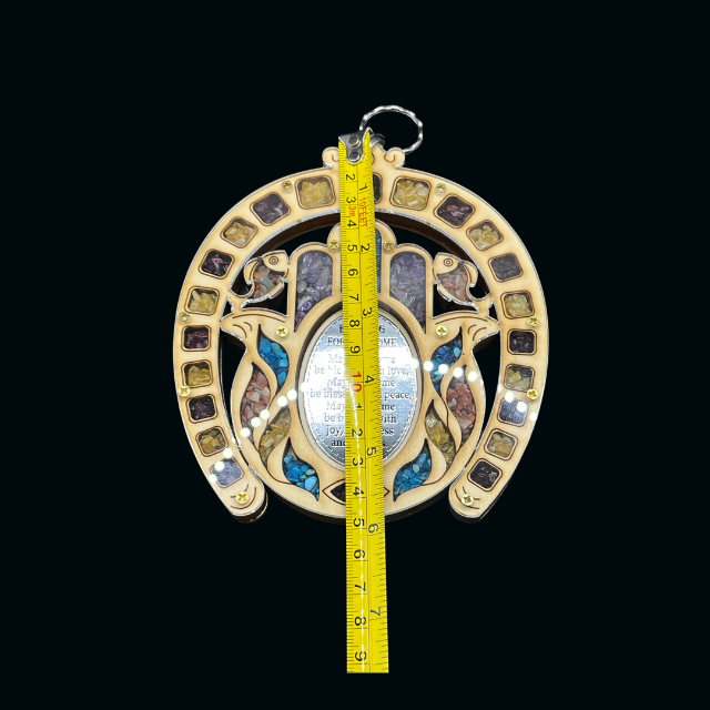 Hamsa Hand & Horseshoe Wood Wall Plaque - Home Blessing with Semi-Precious Stones