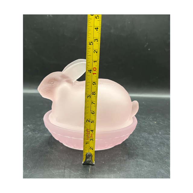 Pink Frosted Glass Bunny Rabbit on Nest Candy Dish Vintage Easter Decor