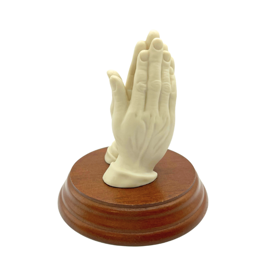 Vintage Porcelain Praying Hands Figurine 4.5" on Wooden Base - 1960s Religious Statuette