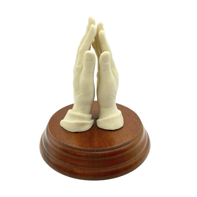Vintage Porcelain Praying Hands Figurine 4.5" on Wooden Base - 1960s Religious Statuette