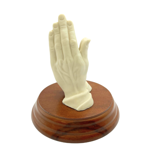 Vintage Porcelain Praying Hands Figurine 4.5" on Wooden Base - 1960s Religious Statuette