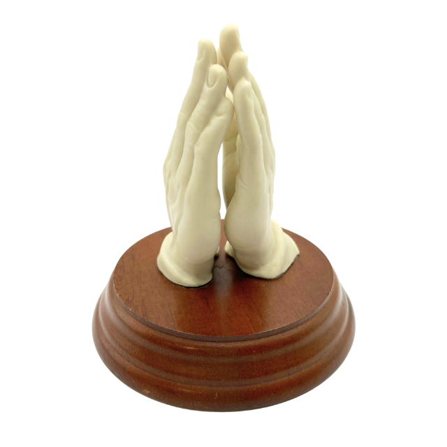 Vintage Porcelain Praying Hands Figurine 4.5" on Wooden Base - 1960s Religious Statuette