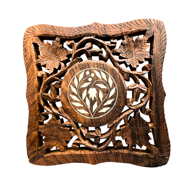 Vintage Wooden Trivet Footed Hand Carved with Inlay  made in India - Repaired