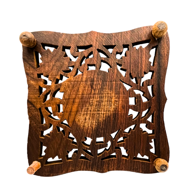 Vintage Wooden Trivet Footed Hand Carved with Inlay  made in India - Repaired